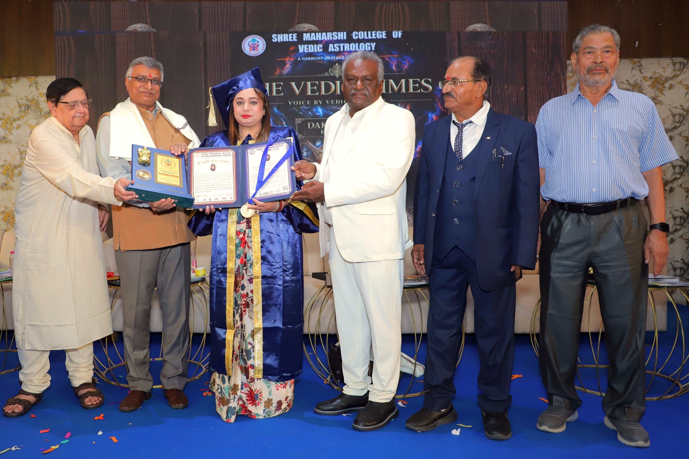 Dr. Dhhara Sooni receiving her Ph.D., Award of Excellence and gold medal at the 6th Convocation of Shree Maharshi College of Vedic Astrology, Udaipur, 2026
